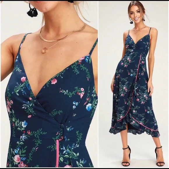 Floral wrap navy midi women’s dress - Picture 2 of 3